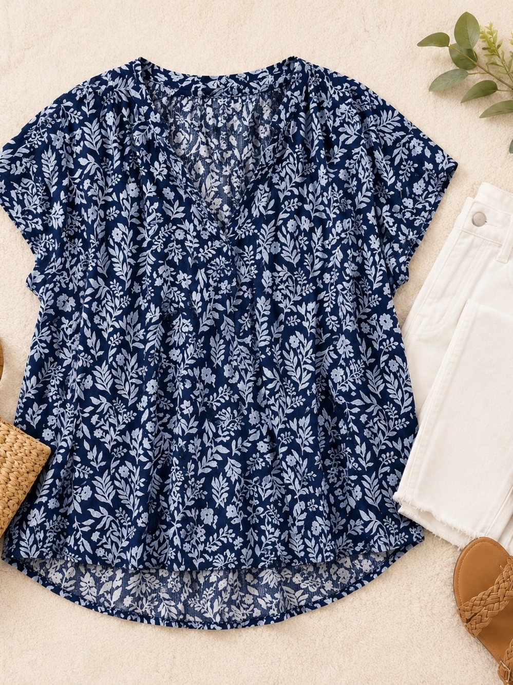 St John's Bay Blue Floral Cottagecore V Neck Blouse XL